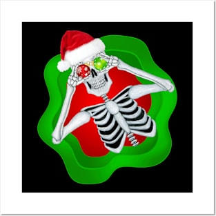 Funny Christmas Skeleton Santa Hat Ornaments Posters and Art